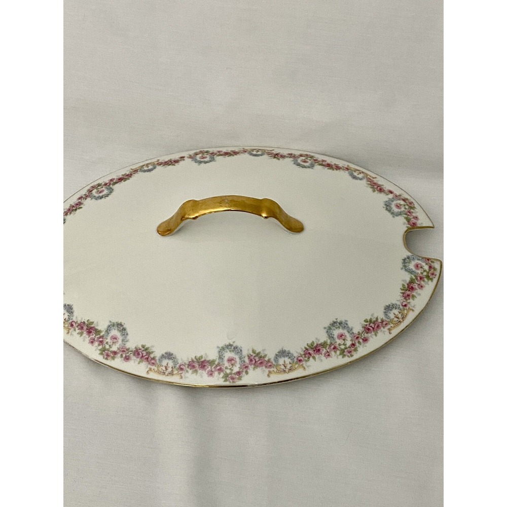 A Lanternier Limoges France Floral Pink Rose Bordered Lid ONLY Gold Handle
